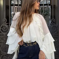YENKYE New Women Spring 2025 White Ruffle Blouse Long Sleeve Half  High Neck Streetwear Crop Top Blusas Mujer