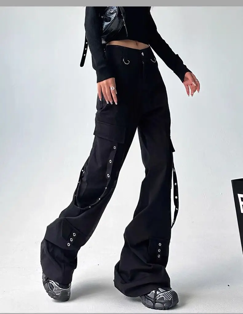 Black Gothic Cargo Flare Pants Women Vintage Harajuku Y2k 90s Retro High Waist Wide Leg Trousers Streetwear 2000s Pantalones 4 Black Gothic Cargo Flare Pants Women Vintage Harajuku Y2k 90s Retro High Waist Wide Leg Trousers Streetwear 2000s Pantalones 4