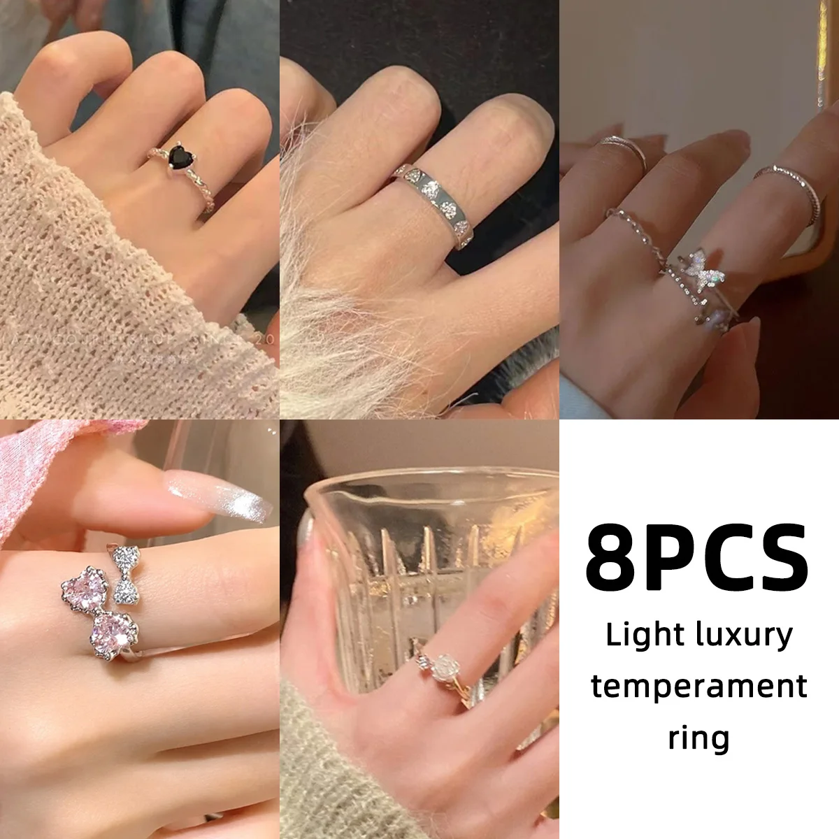 8PCS Women Fashion Ring Set Adjustable Open Rings Heart Bow Star Rhinestone Jewelry Stackable Knuckle Rings for Girls Party Dail