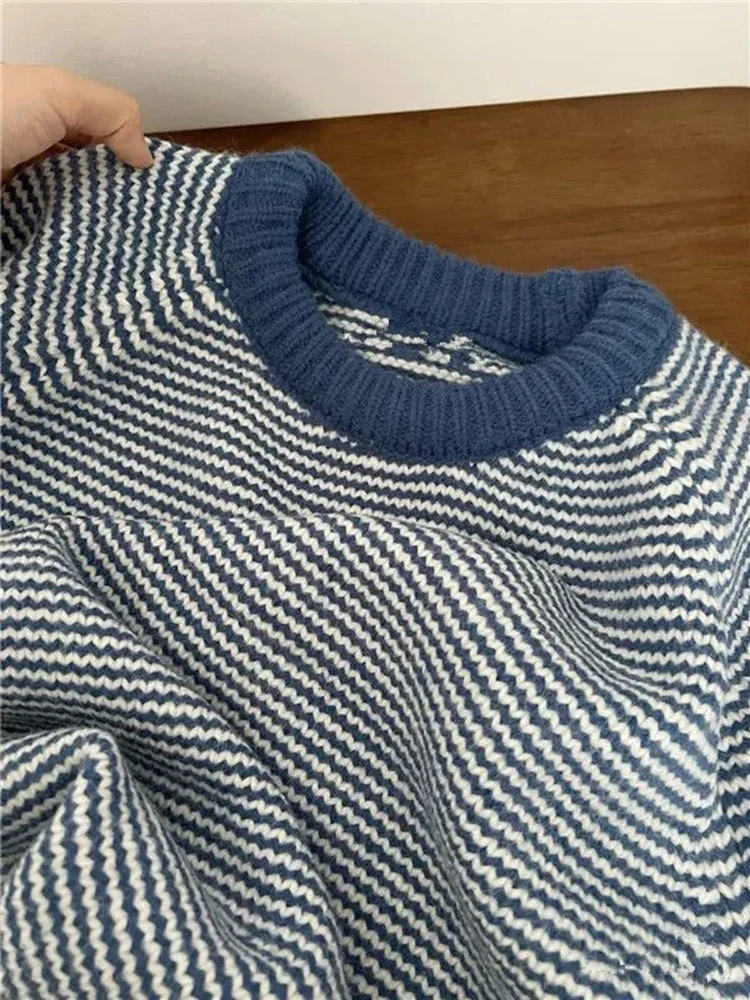 Blue Striped Sweater for Women Y2K Autumn Winter Loose Lazy Style Patchwork Pullover Female Korean O Neck All Match Jumpers New