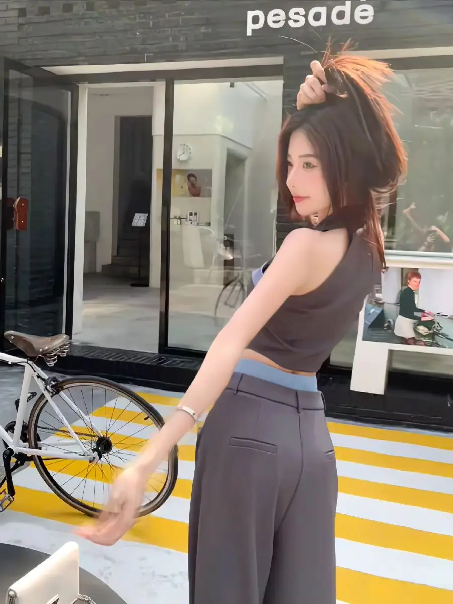 Summer New Hot Girl Fashion Suit, Irregular Color-blocking Tube Top, Loose Casual Wide-leg Pants