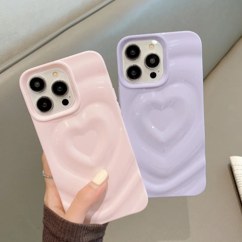 Luxury Electroplate Silver 3D Heart Water Ripple Phone Case For iPhone 16 Plus 15 14 13 12 11 Pro Max Silicone Shockproof Cover