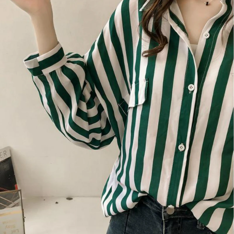 Shirts Women Spring Long Sleeve Striped Pockets Leisure All-match 4XL Loose OL Chic Elegant Korean Style BF New Fashion Daily