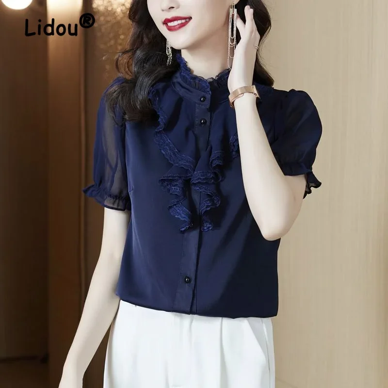 

Noble Fashion Solid Color Ruffles Single-breasted Blouse Women Classic Transparent Short Sleeve Office Lady Chiffon Shirt