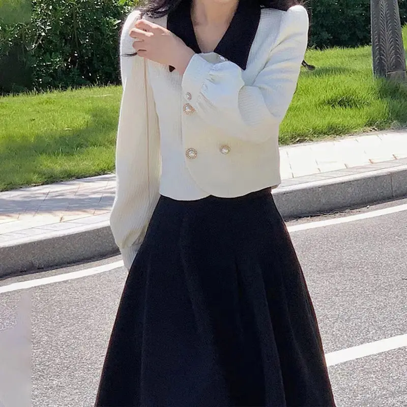 Big Swing Black Pleated Skirts Suits + Lapel Double Breasted Blazer Jacket OL Shirts Two Piece Sets Clothes Chic