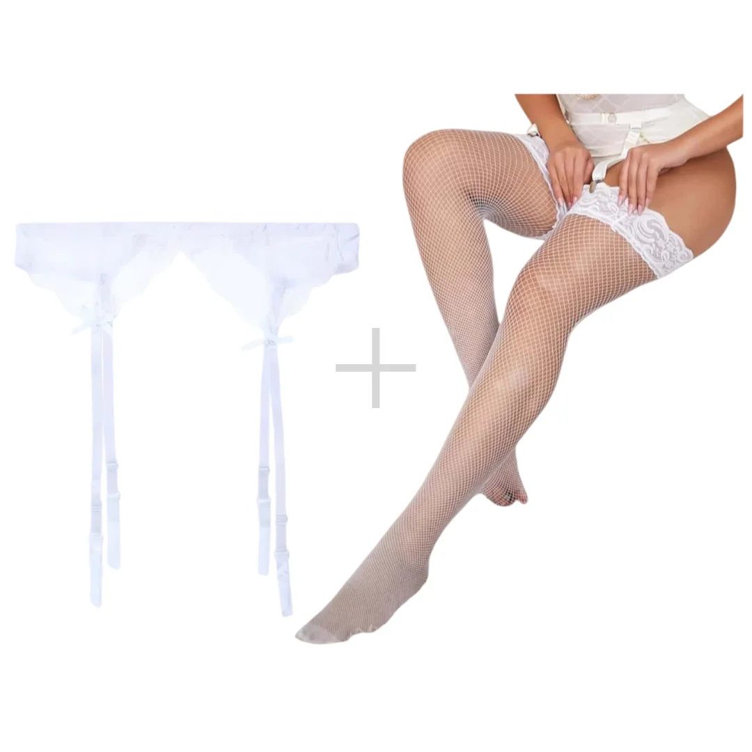2PCS/SET Women Suspender Garter Belt with long long Sheer Lace Fishnet Stockings Black White Plus Size Lingerie Set for Woman XL