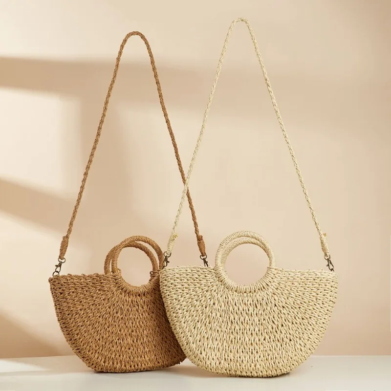 Women\'s Half Moon Shape Straw Bag Simple Hand Woven Paper Rope Tassel Handbag Summer Bohemia Bali Travel  Beach Crossbody Bag