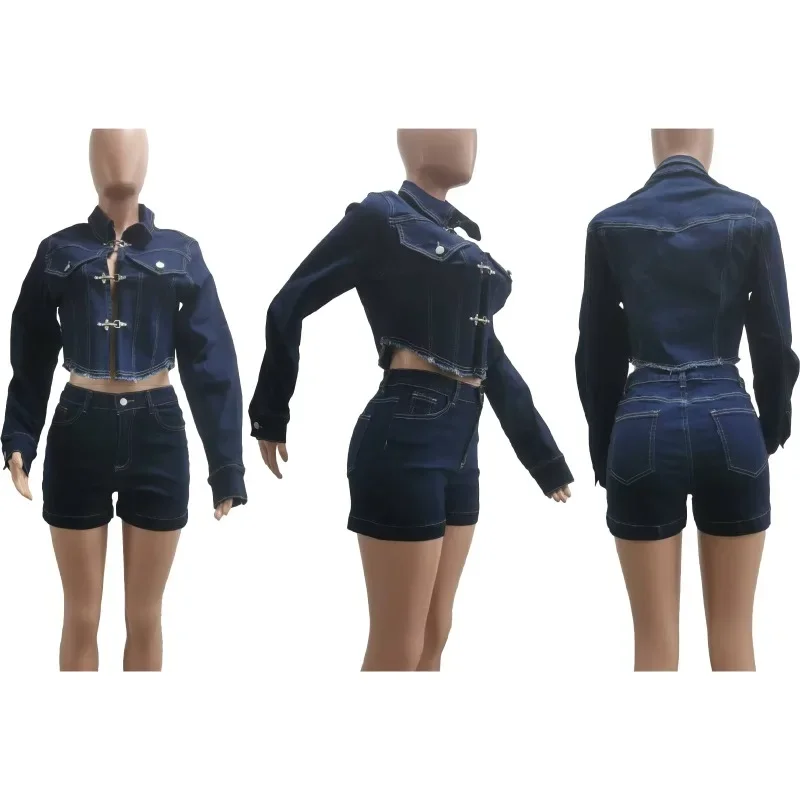 2024 Autumn Women Stretch Denim 2 Piece Set Metal Buckles Long Sleeve Irregular Jackets Crop Top + Shorts Jeans Matching Suits