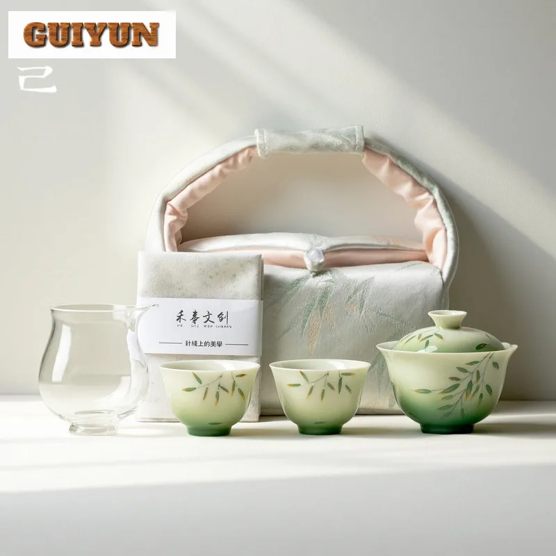 

Бамбуковый дорожный чайный сервиз с ручной росписью, эстетический 1 горшок, 3 чашки, органайзер для чайника, портативная сумка-тоут для кемпинга, аксессуары, подарок