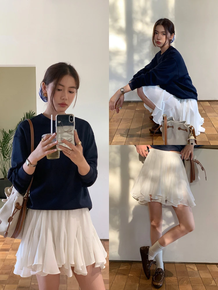 

Pusumede White A-Line Pleated Skirt High Waist Flared Design Asymmetrical Short Skirts Women's Anti-Aging Slimming