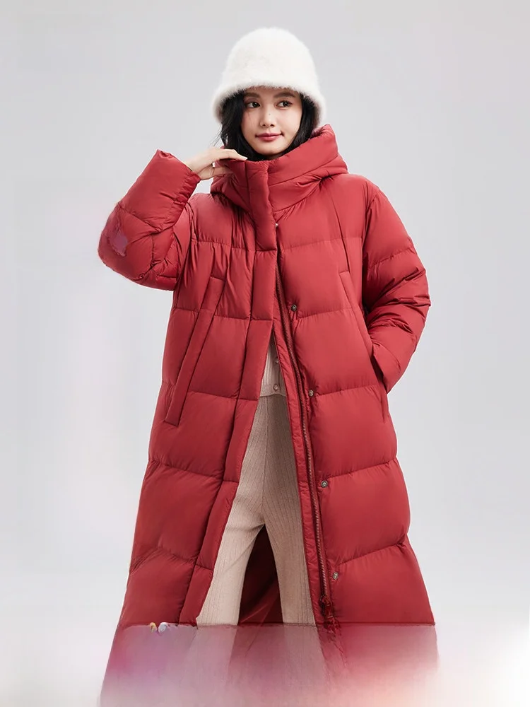 

Женская удлиненная пуховая куртка Snow Flng Spring 2026 с капюшоном, утепленная, теплая, красная, новогодний наряд, с наполнителем из пуха, нейлоновый материал