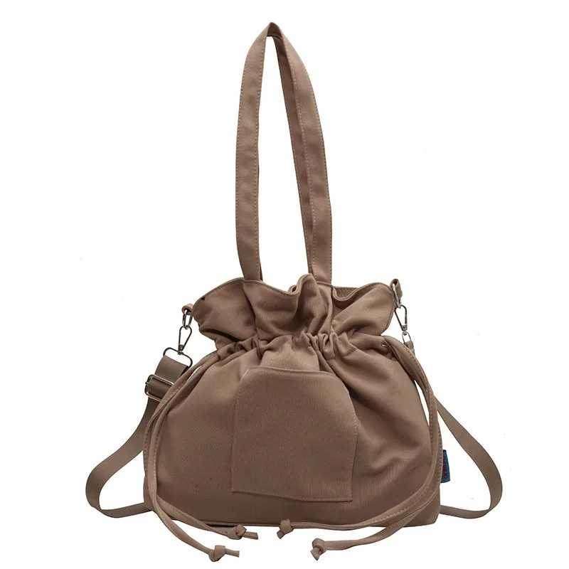 Canvas Shoulder Bag Solid Color Drawstring Large Capacity Tote Bags for Women Casual Shopping Travel Commuter Connector Handbag