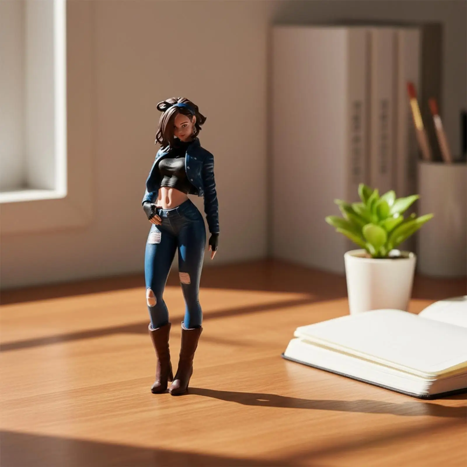 Decorative Miniature Figure Girl Standing Pose Resin Craft Doll with Brown Boots for Dollhouse Accessories Display
