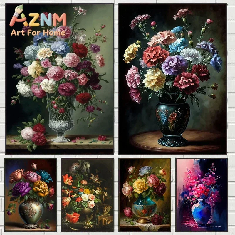 Europe Classical Vintage Flower Canvas Painting Wall Decor Still Life with Flowers in Glass Vase Nordic Art Poster Print Pict