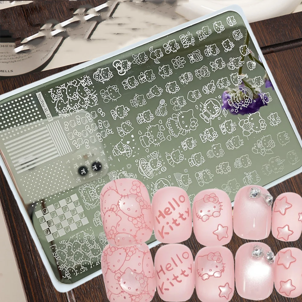 

3D Cute Hello Kitty Nail Stamping Plate Stickers Cartoon Bow Kitty Cat Kuromi Nail Art Printing Stencils Transfer Template Decal