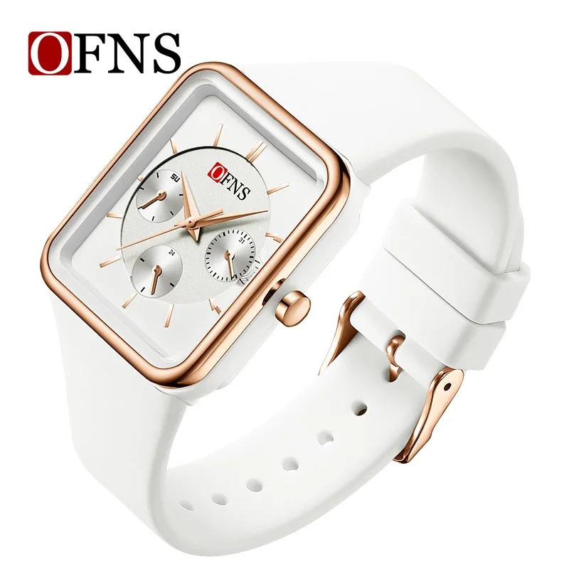 OFNS 8035 Unisex minimalist slim three-eye six-pin quartz watch square casual silicone strap waterproof wristwatch Fashion Watch