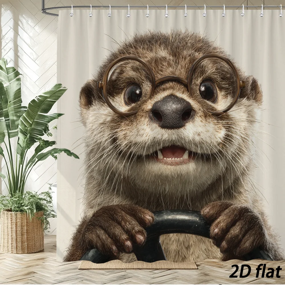 Humorous Realistic‑Style Little Otter With Vintage Eyeglasses Gripping Car Steering Wheel Portrait Pattern Bath curtain