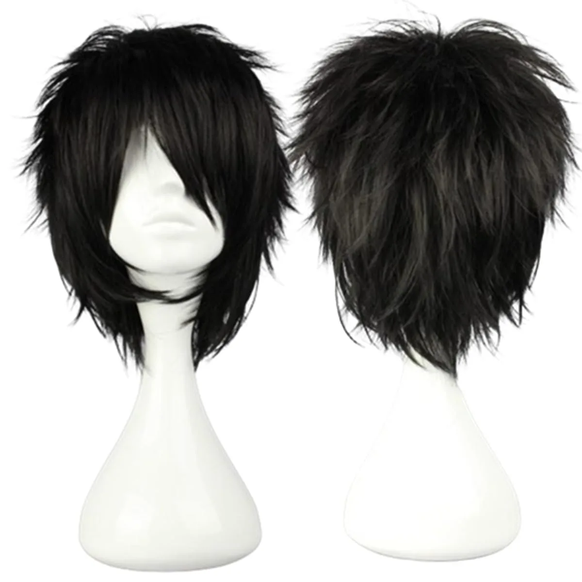 Perruque Cosplay Emo Noire Courte, Cheveux Synthétiques Spiky Fluffy, Degré de Chaleur