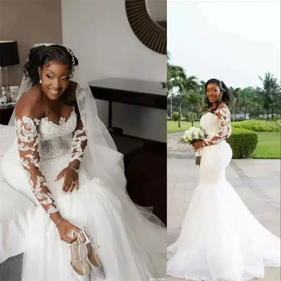 Maßgeschneiderte arabische afrikanische Meerjungfrau Sexy Brautkleider Brautkleider Plus Size Jewel Neck Illusion Spitze Applikationen Kristall Perlen