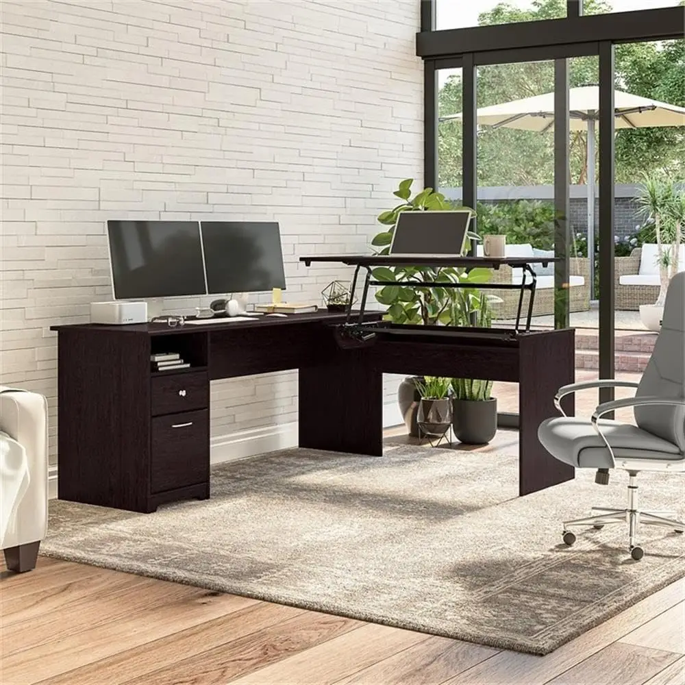 Shaped Desk with Drawers and Lift-n-Lock | Cabot Collection Sit to Stand Corner Table with Storage, 72W, Espres