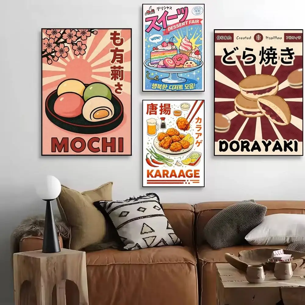 Sushi Yakitori Takoyaki Cartoon Funny Food Posters High Quality Self-adhesive Wall Art Decorations Color Prints Sticky