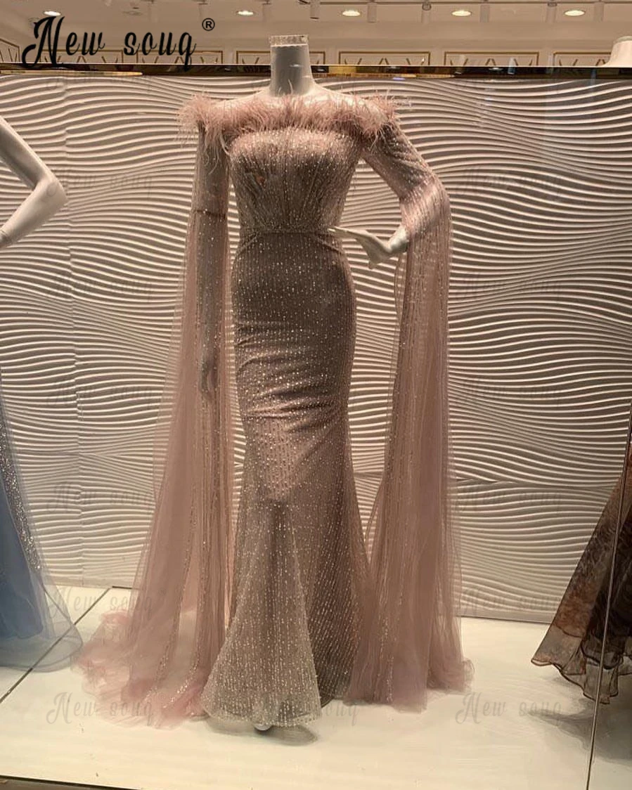 Boat Neck Feather Formal Evening Dress Pageant Dinner Party Gowns Full Beading Long Cape Sleeves Prom Gowns Celebrity Dresses