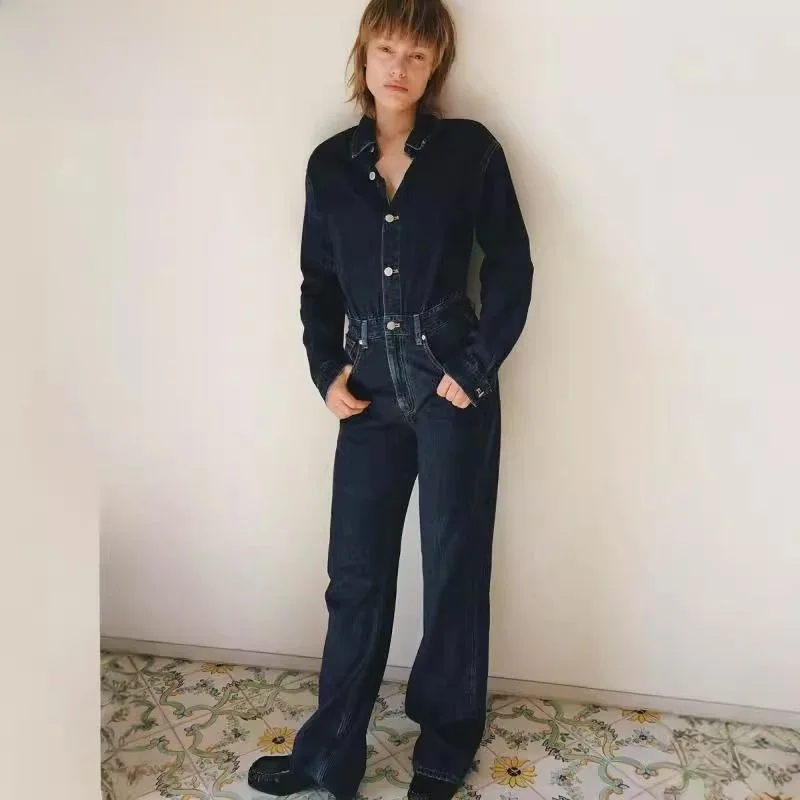 

Fall Winter New Arrival Women's Wide Leg Long Casual Denim Overalls Original Design High Waist Tassel Detail Viscose Fibre