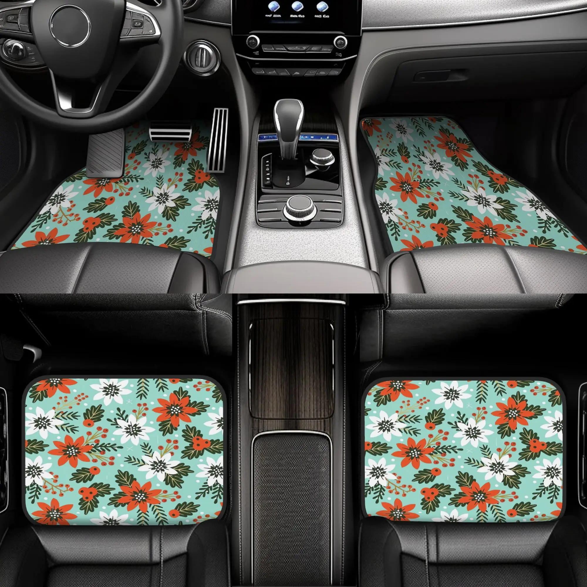 Set Of 4 Festive Floral Car Floor Mats, Made From Sturdy Polyester Fiber, Suitable For Vehicles, Perfect As A Gift, Interior Mat