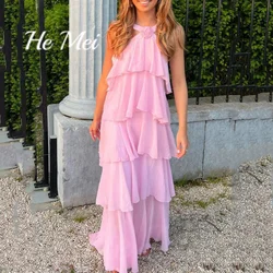 He Mei Simple Prom Dress For Women Boho Halter Tiered Beach Evening Gowns Custom Tank Floor Length Party Dresses فساتين السهرة