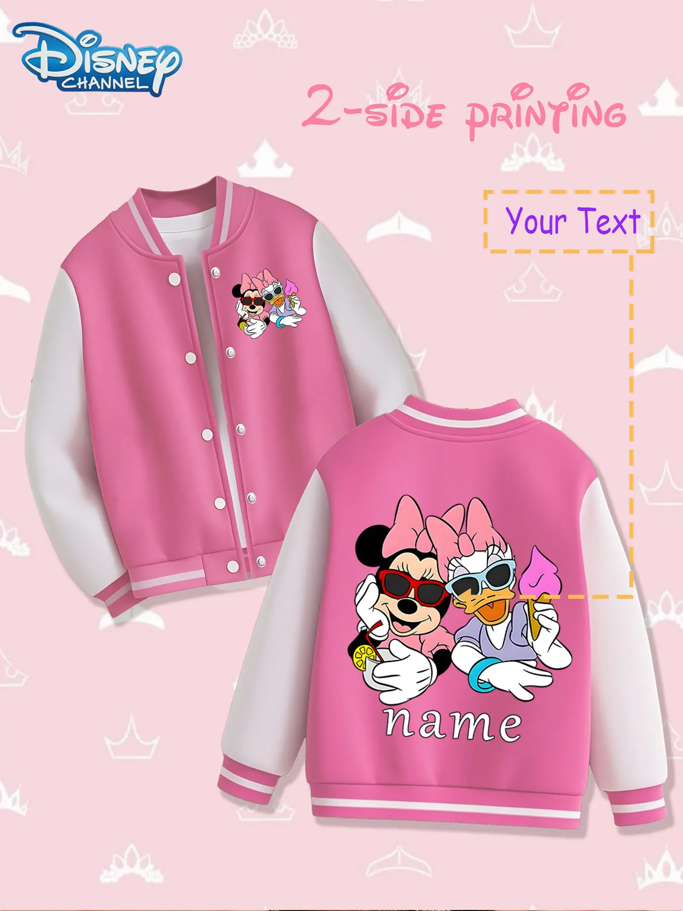 سترة بيسبول للفتيات من MINISO Disney Minnie and Daisy - طباعة عصرية على الوجهين، دافئة وعصرية في الخريف والشتاء، su