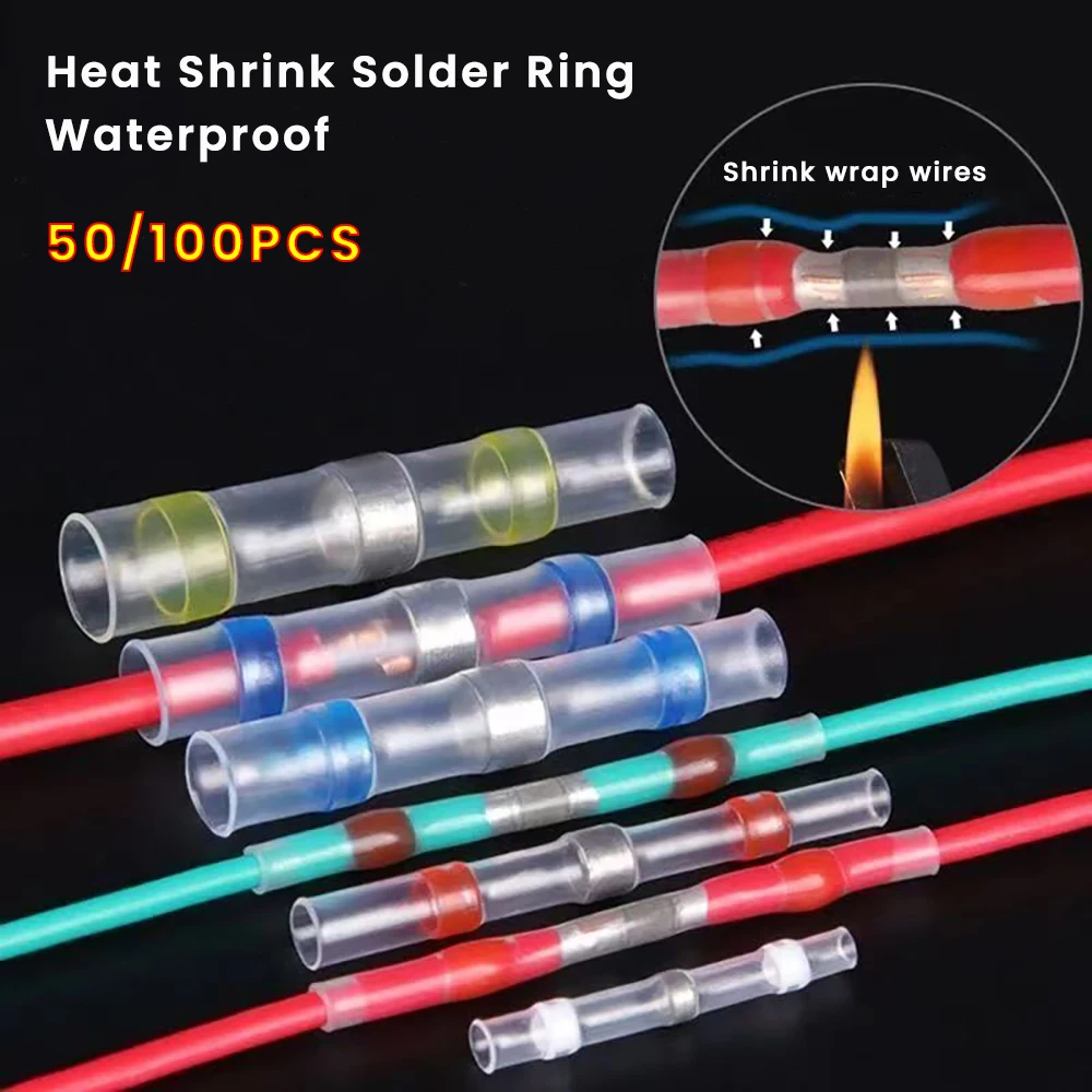 50/100PCS Heat Shrink Solder Connectors Waterproof Butt Terminals Insulated Wire Crimp Sleeves for Auto Marine Electrical