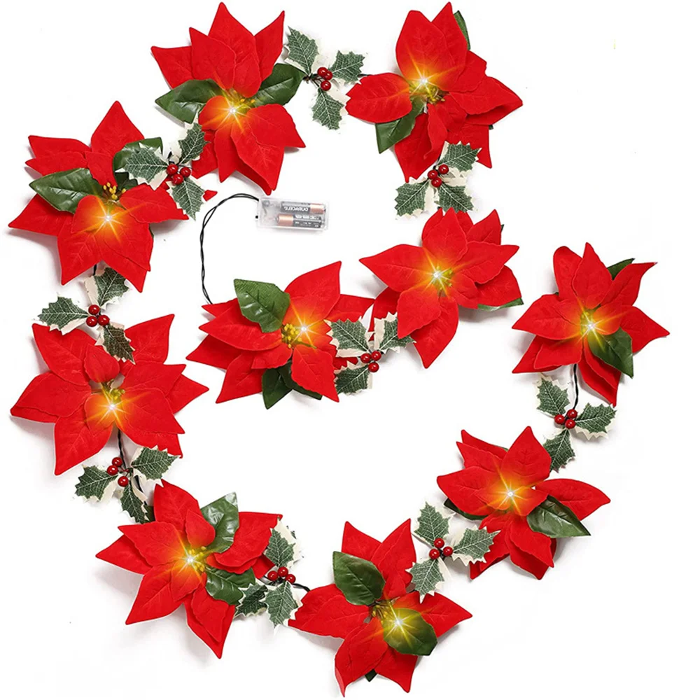 

3M 20 LED Christmas Poinsettia Garland Poinsettia Velvet Artificial Poinsettia Garland String Lights for Christmas Tree Decor