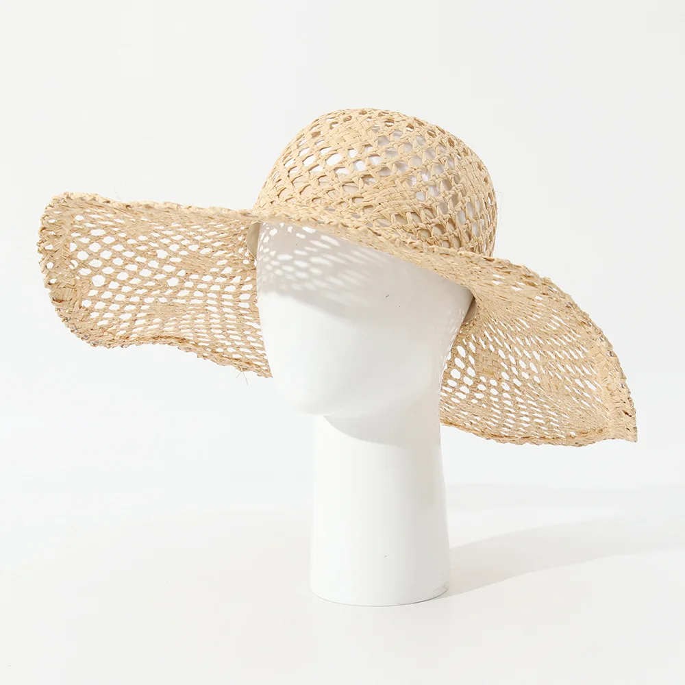 Women's Hollow Wide Brim Rafia Straw Hat, Elegant Round Top Sun Cap, Cross Border Hot Sale