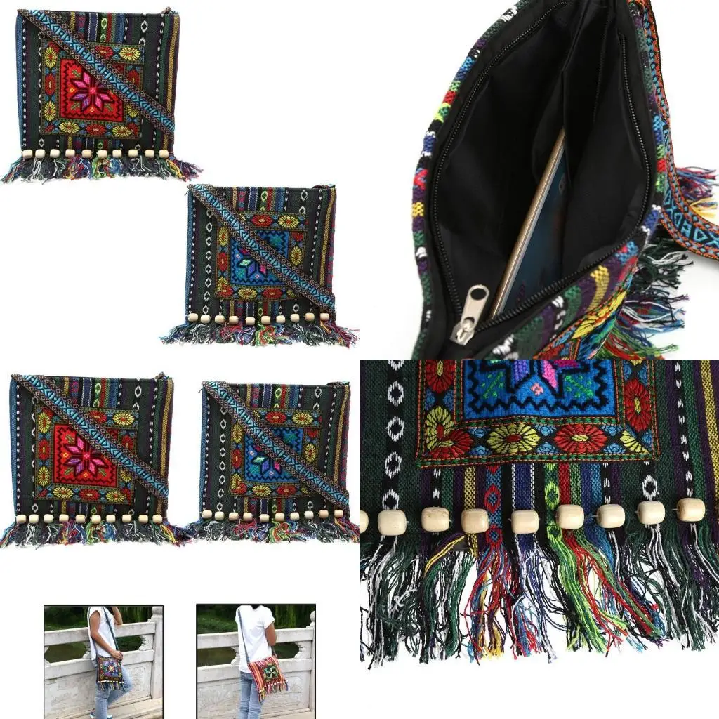 

D46D Unique Vintage Ethnic Shoulder Bag Embroidery Boho Hippie Tassel Tote