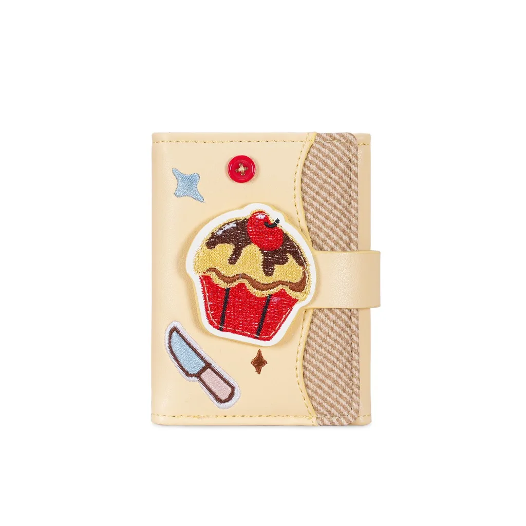 Sweet Cupcake Embroidered Trifold Wallet Women's Compact PU Leather Card Holder Short Purse with Photo Window for Girls