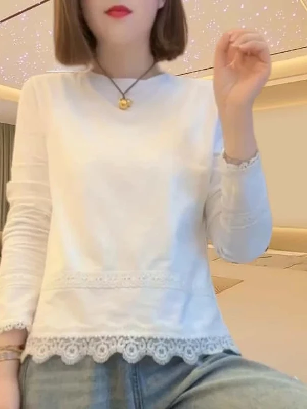 

Loose Korean Style Long Sleeve Lace T-Shirt Spring New Fashion round Neck Casual Versatile plus Size Sweatshirt