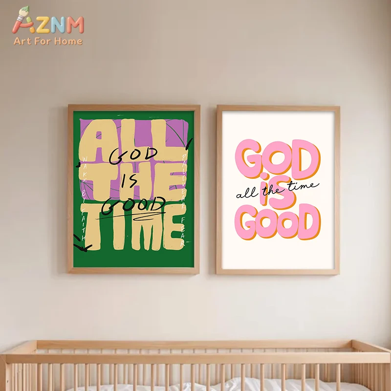 AZNM God Is Good All The Time – Tableau mural en toile, citation chrétienne colorée, typographie esthétique, religieuse, pour chambre à coucher ou chambre d'enfant, sans cadre D