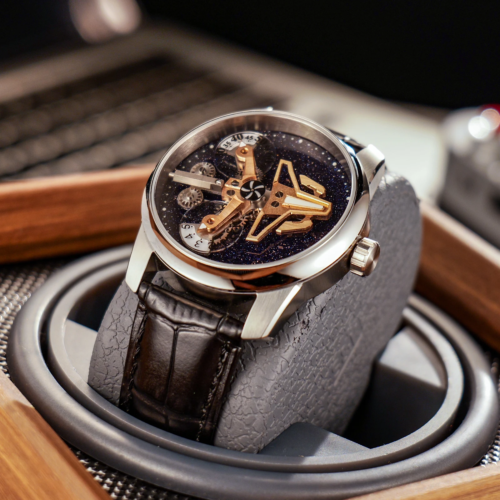 OBLVLO New Design Airplane II Mens Self-Winding Automatic Watch Luxury Leather Luminous Waterproof Sport Watch for Men SK-A-II