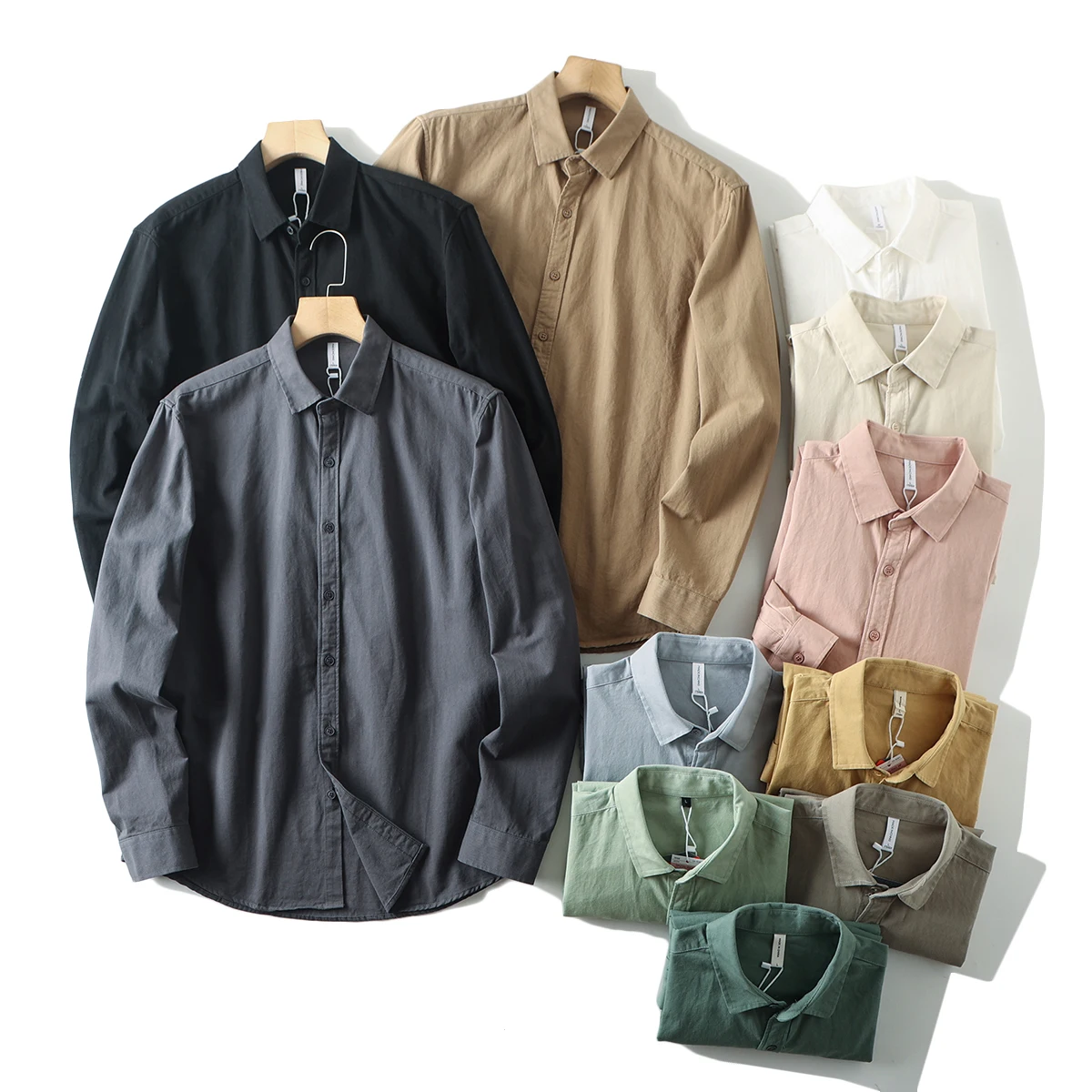 

Heavyweight Cotton Long Sleeve Shirt Men's Casual Loose Fit Washed Comfortable Breathable Pure Color Button up Spring Autumn