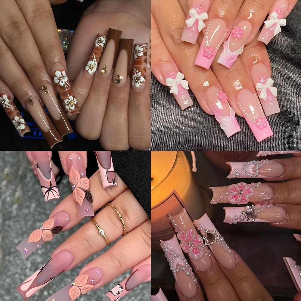 

10Pcs Handmade French Nude Pink XL Square Almond Press On Nails Art Portable Gel Shell Glitter Pearl Reuse Fake Nails Sticker