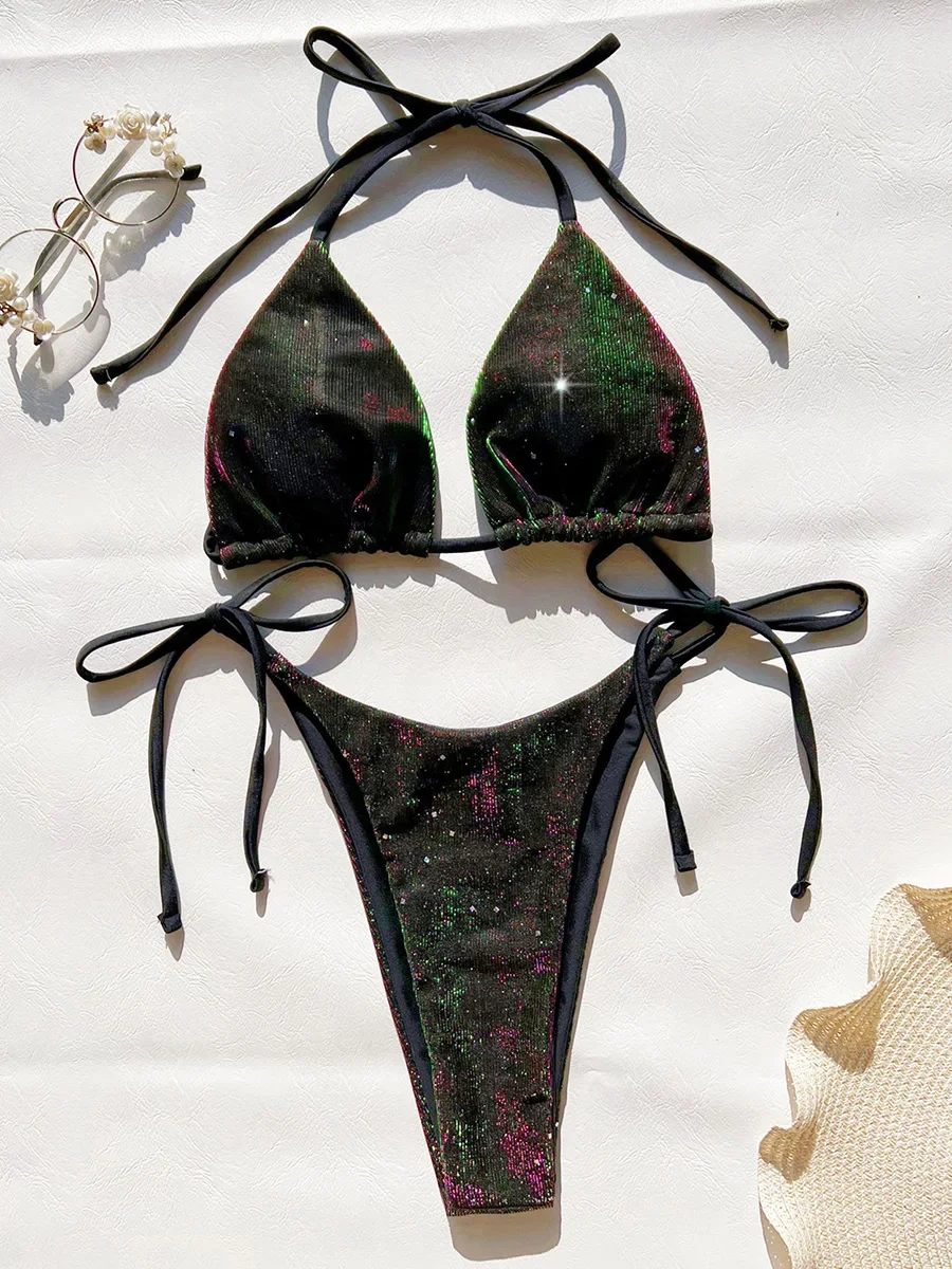 Sexy Shiny Gradient Purple Halter Strappy Bikini Female Swimsuit Women Swimwear Two-pieces Bikini Set Bather Bathing Suit Swim