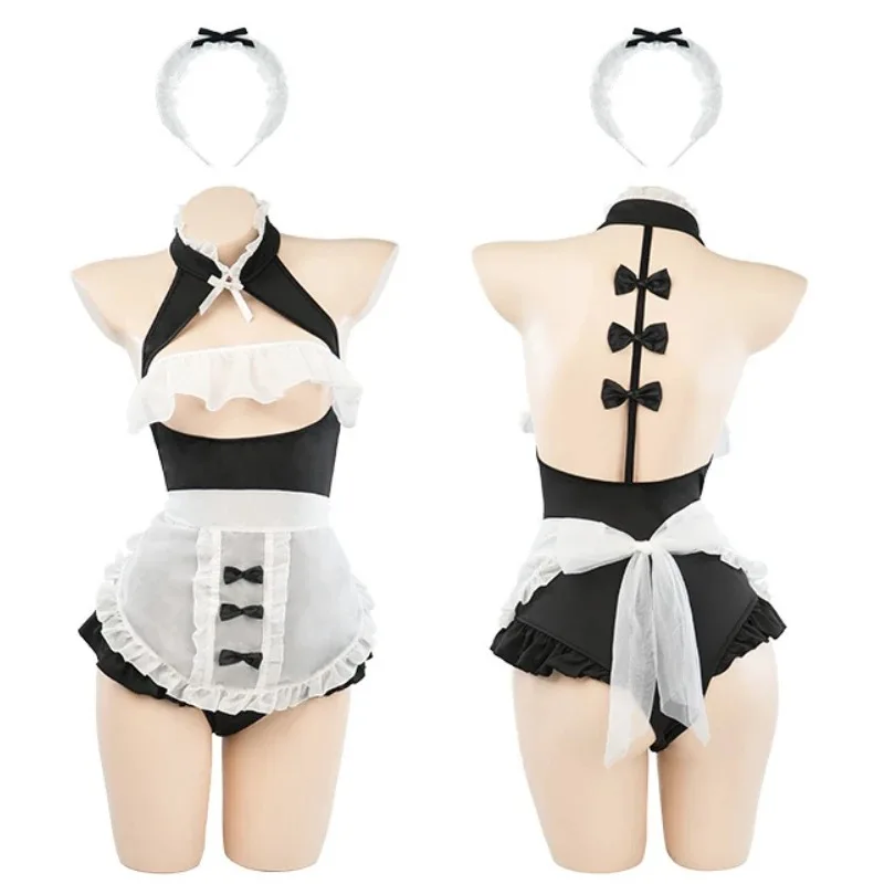 

Sexy Chest Hollow See Through Maid Uniform Cosplay Costume Women Nightwear Underwear Role Play Backless Mesh Lingerie