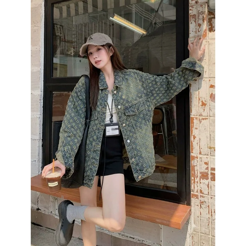 

Autumn Women's High-end Jacquard Denim Jacket Sweet and Cool Hot Girl Style Retro Lazy Jacket Cardigan