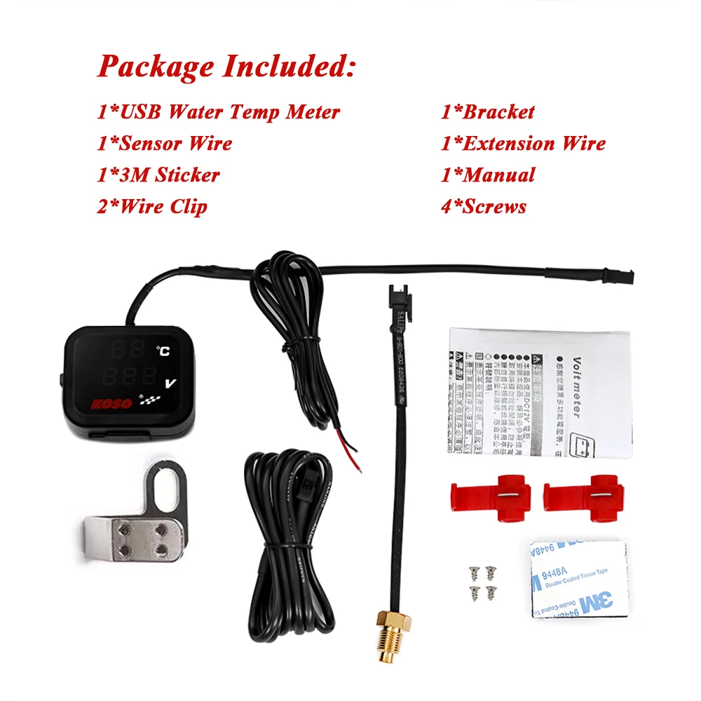 KOSO – jauge de température de culasse universelle pour moto, volt de température de cylindre, téléphone, chargement USB, Mini compteur numérique LCD 3 en 1