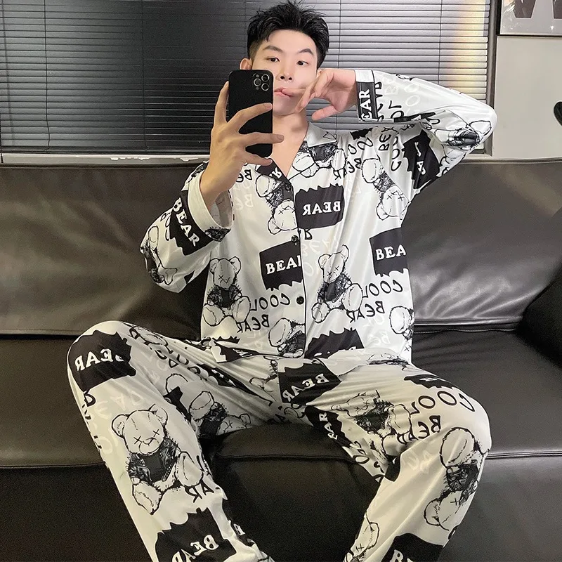 Large Size Men Pajamas Set Korean Version of Pajamas Student Loungewear Cartoon Bear Simple Sleepwear Homewear Tops and Pants