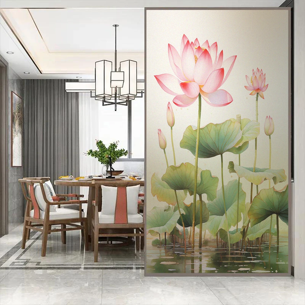 Window Privacy Film UV Blocking Heat Control Window Covering Static Cling Lotus Pattern Window Sticker for Decoration