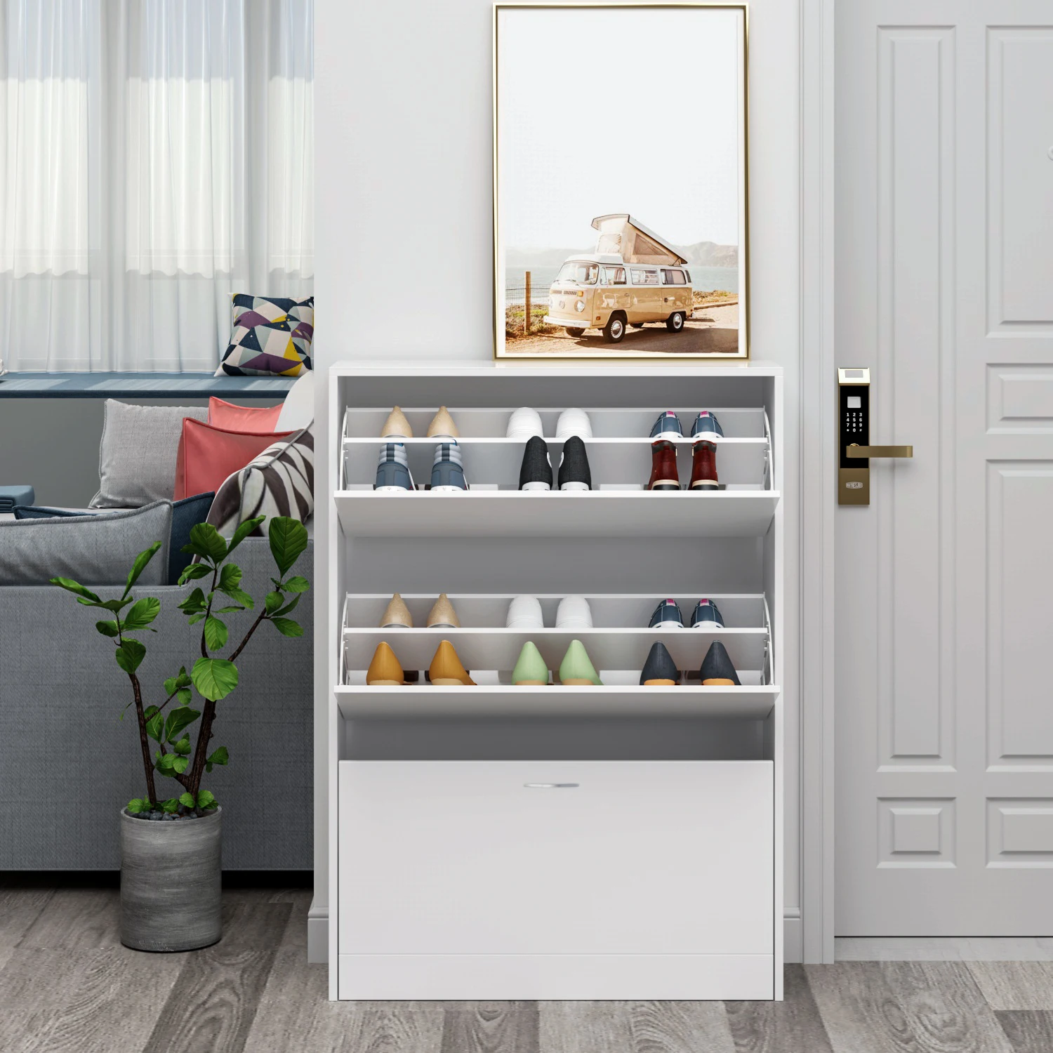 Getone Shoe Cabinet with 3 Doors, Shoe Storage Cupboard, White Shoe Rack Space Saving for Hallway 110x80x23.5cm