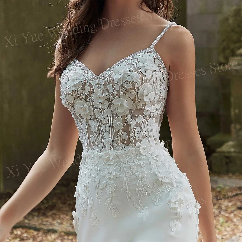 Elegant V-Neck Mermaid Wedding Dresses New Spaghetti Straps 3D Flowers Backless Illusion Bridal Gowns Backless Sleeveless Stain