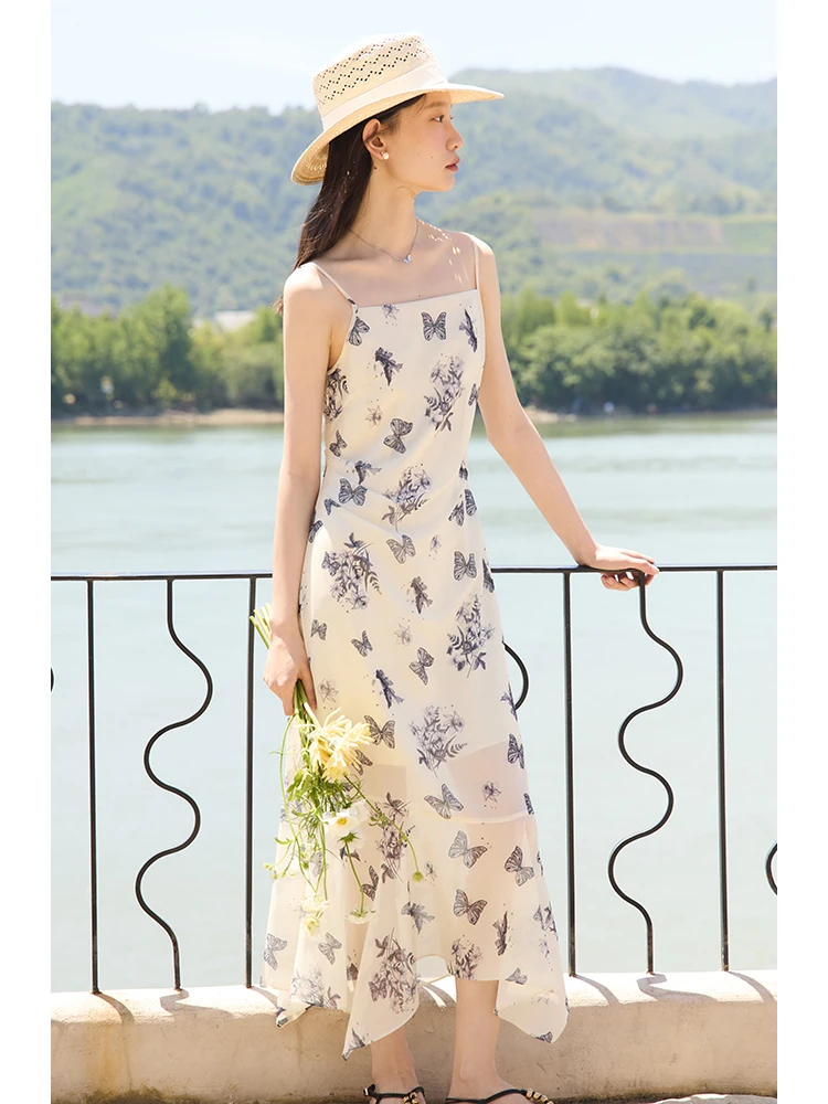 ZIQIAO Women Sleeveless Strappy Dress Bow Print 2024 Summer Long Polyester Skirts Holiday Style Strap Midi Dresses 24ZQ92412