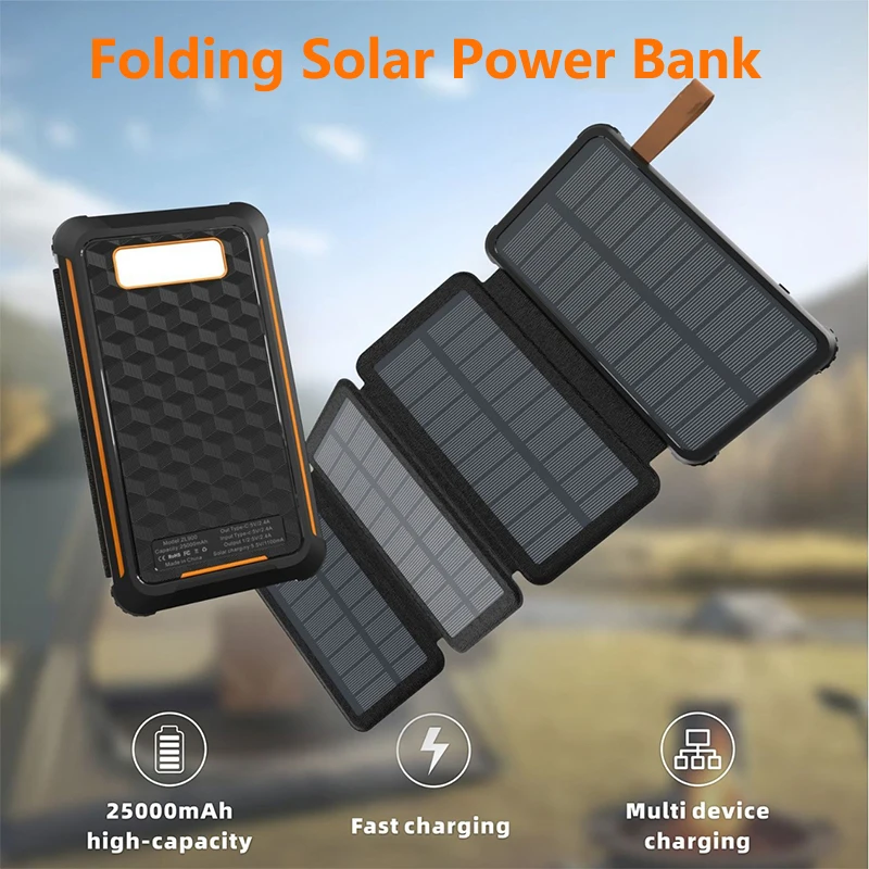

Foldable Solar Power Bank 25000mAh with 4 Solar Panel Charger LED Camping Light Waterproof Powerbank External Battery Power Bank